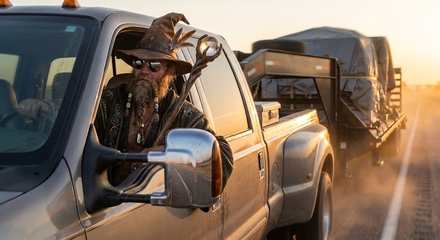 The Trailer Wizard hauling a gooseneck at sunset